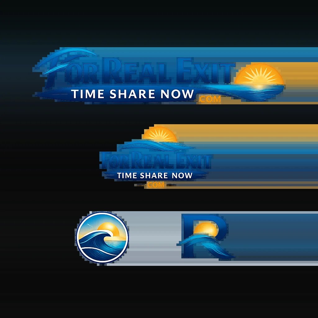 ForRealExit Time Share Now logo collection featuring blue and gold sunset themed designs on black background
